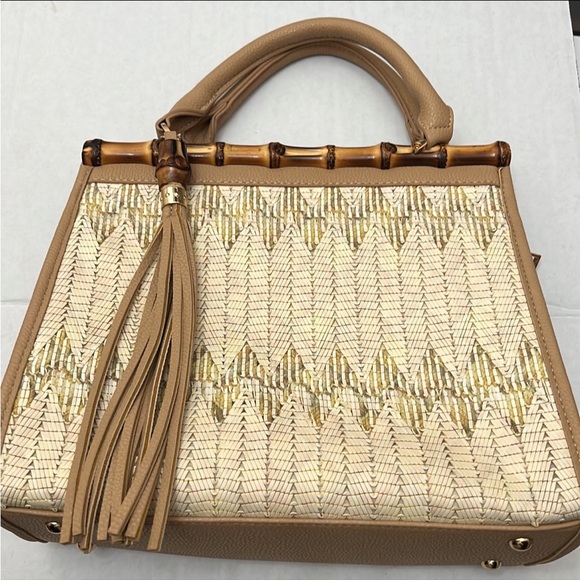 Sondra Roberts Weaved Fringed Bamboo Shoulder Bag Handbag - Picture 4 of 12